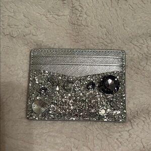Kate Spade Silver Glitter Card Holder with Gem Accents